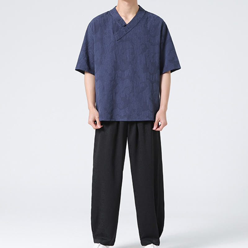 Buddha Stones Ethnic Distressed Jacquard Frog-Button Herren Stehkragen Halbarm Baumwoll-Leinen-Hemd Tai Chi Kleidung