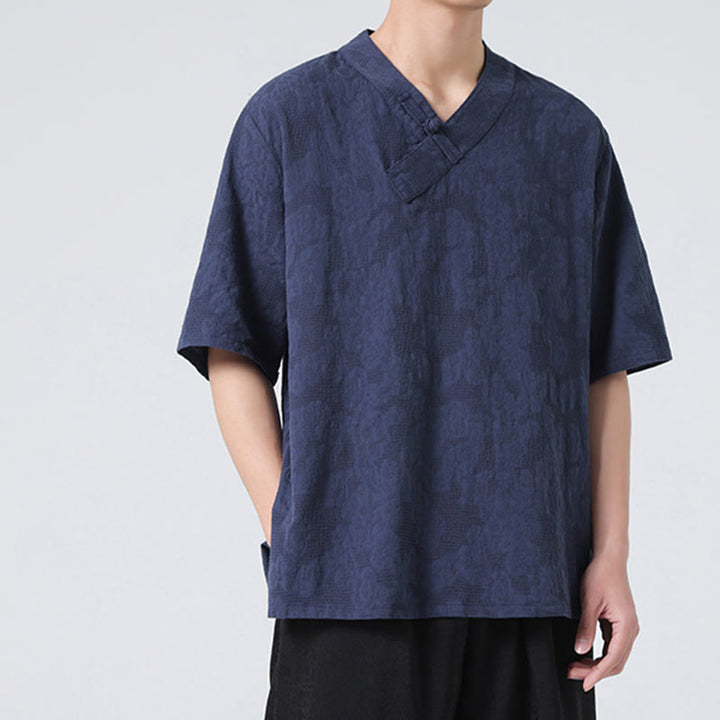 Buddha Stones Ethnic Distressed Jacquard Frog-Button Herren Stehkragen Halbarm Baumwoll-Leinen-Hemd Tai Chi Kleidung