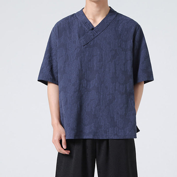 Buddha Stones Ethnic Distressed Jacquard Frog-Button Herren Stehkragen Halbarm Baumwoll-Leinen-Hemd Tai Chi Kleidung