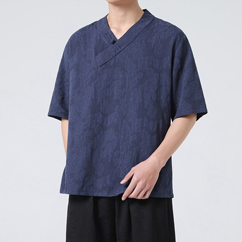 Buddha Stones Ethnic Distressed Jacquard Frog-Button Herren Stehkragen Halbarm Baumwoll-Leinen-Hemd Tai Chi Kleidung
