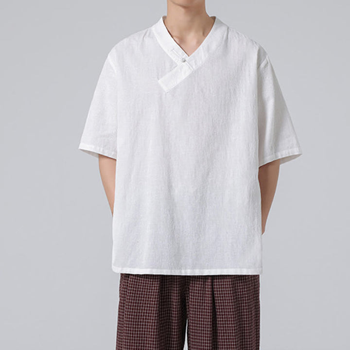 Buddha Stones Ethnic Distressed Jacquard Frog-Button Herren Stehkragen Halbarm Baumwoll-Leinen-Hemd Tai Chi Kleidung