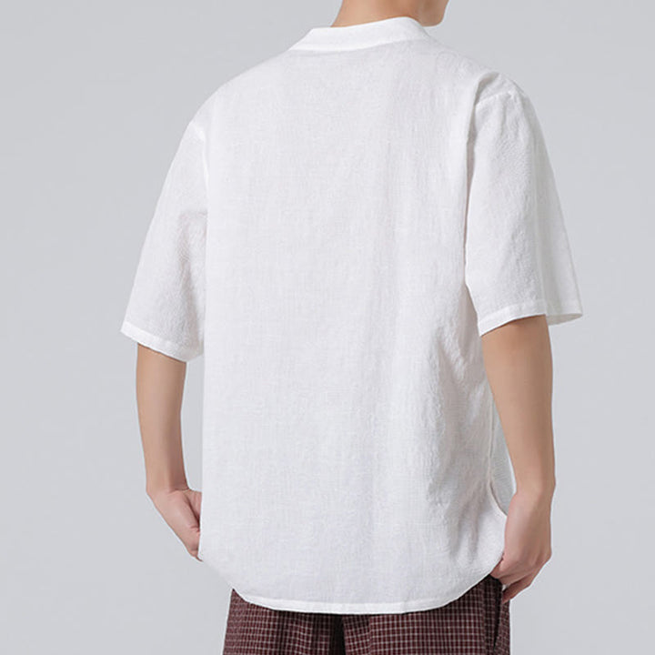 Buddha Stones Ethnic Distressed Jacquard Frog-Button Herren Stehkragen Halbarm Baumwoll-Leinen-Hemd Tai Chi Kleidung