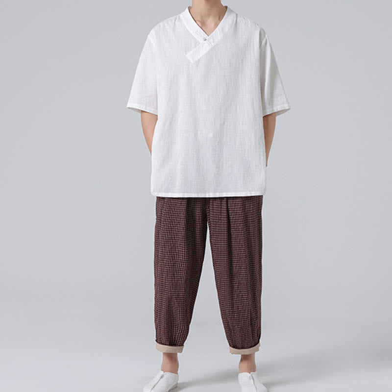 Buddha Stones Ethnic Distressed Jacquard Frog-Button Herren Stehkragen Halbarm Baumwoll-Leinen-Hemd Tai Chi Kleidung