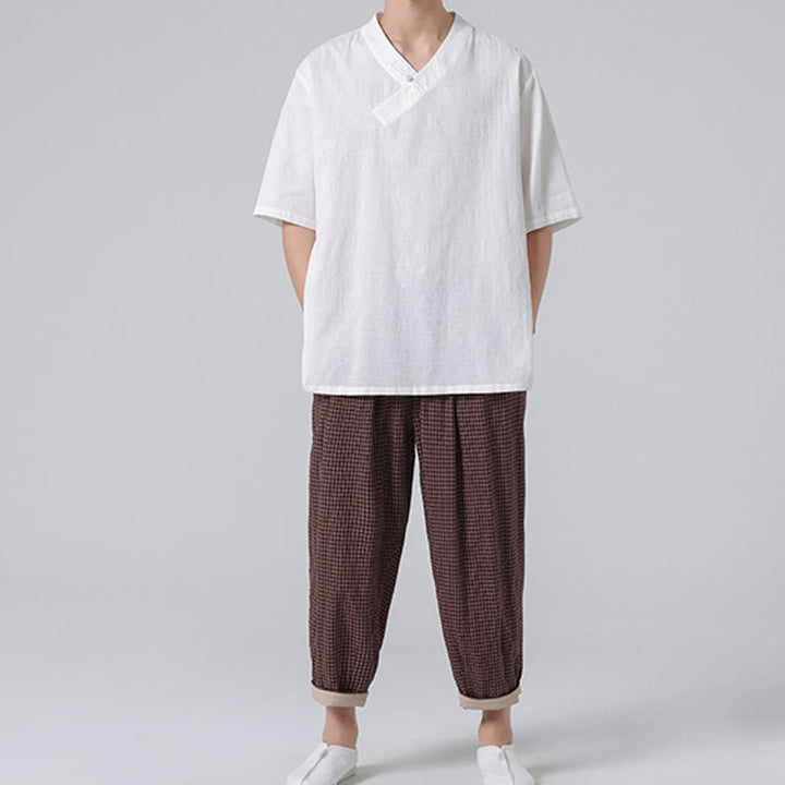 Buddha Stones Ethnic Distressed Jacquard Frog-Button Herren Stehkragen Halbarm Baumwoll-Leinen-Hemd Tai Chi Kleidung