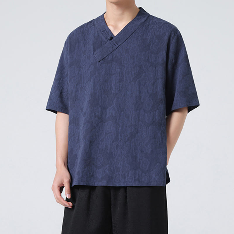 Buddha Stones Ethnic Distressed Jacquard Frog-Button Herren Stehkragen Halbarm Baumwoll-Leinen-Hemd Tai Chi Kleidung