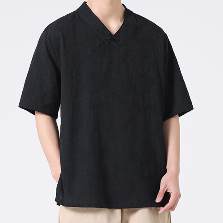 Buddha Stones Ethnic Distressed Jacquard Frog-Button Herren Stehkragen Halbarm Baumwoll-Leinen-Hemd Tai Chi Kleidung