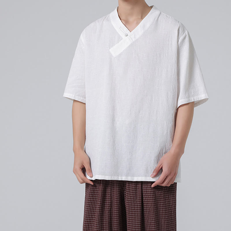 Buddha Stones Ethnic Distressed Jacquard Frog-Button Herren Stehkragen Halbarm Baumwoll-Leinen-Hemd Tai Chi Kleidung