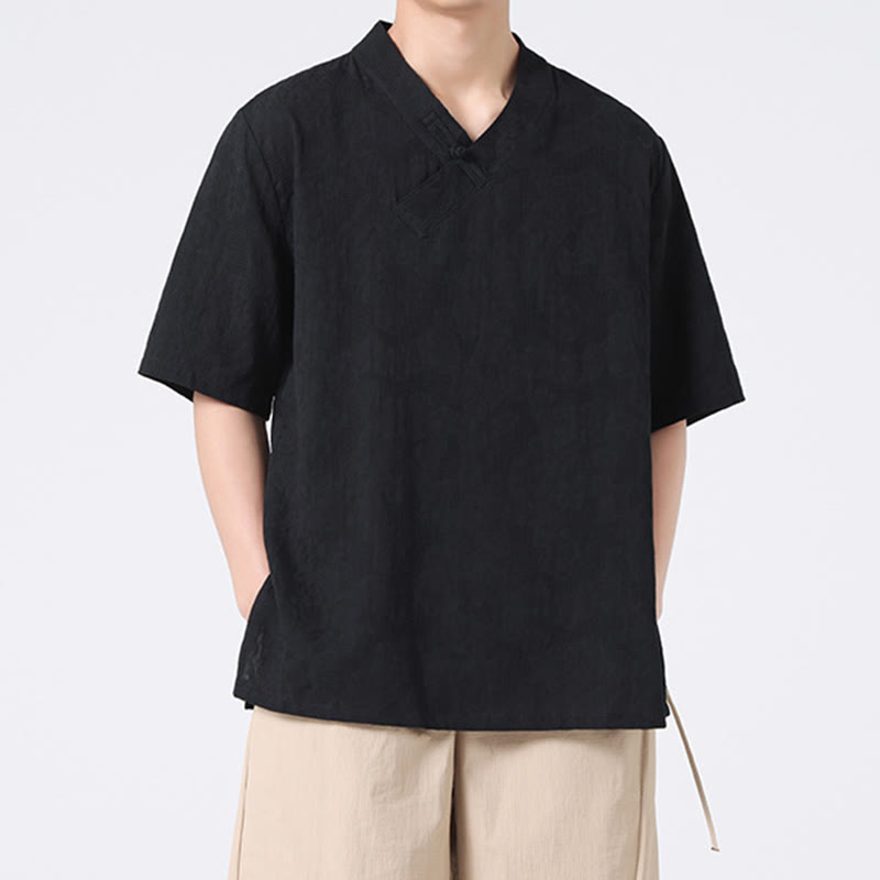 Buddha Stones Ethnic Distressed Jacquard Frog-Button Herren Stehkragen Halbarm Baumwoll-Leinen-Hemd Tai Chi Kleidung - image 17