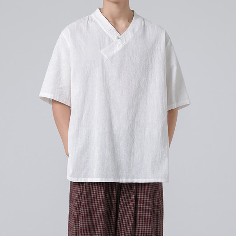 Buddha Stones Ethnic Distressed Jacquard Frog-Button Herren Stehkragen Halbarm Baumwoll-Leinen-Hemd Tai Chi Kleidung