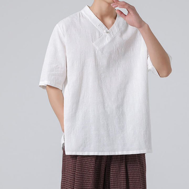 Buddha Stones Ethnic Distressed Jacquard Frog-Button Herren Stehkragen Halbarm Baumwoll-Leinen-Hemd Tai Chi Kleidung
