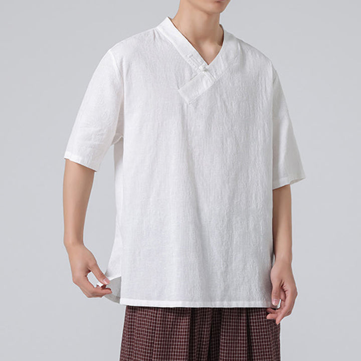 Buddha Stones Ethnic Distressed Jacquard Frog-Button Herren Stehkragen Halbarm Baumwoll-Leinen-Hemd Tai Chi Kleidung