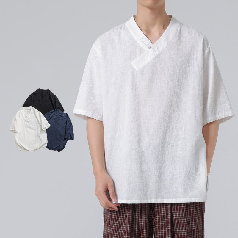 Buddha Stones Ethnic Distressed Jacquard Frog-Button Herren Stehkragen Halbarm Baumwoll-Leinen-Hemd Tai Chi Kleidung