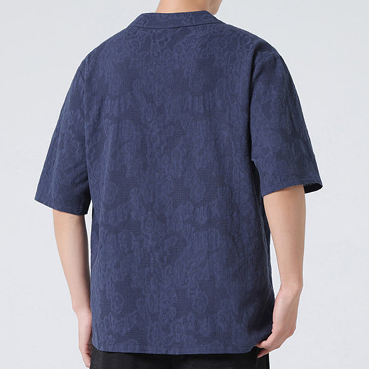 Buddha Stones Ethnic Distressed Jacquard Frog-Button Herren Stehkragen Halbarm Baumwoll-Leinen-Hemd Tai Chi Kleidung