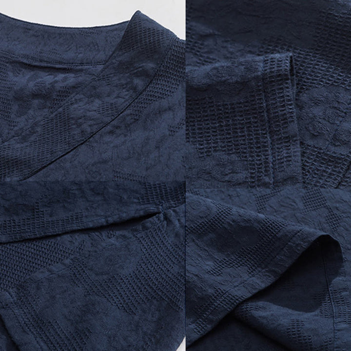 Buddha Stones Ethnic Distressed Jacquard Frog-Button Herren Stehkragen Halbarm Baumwoll-Leinen-Hemd Tai Chi Kleidung