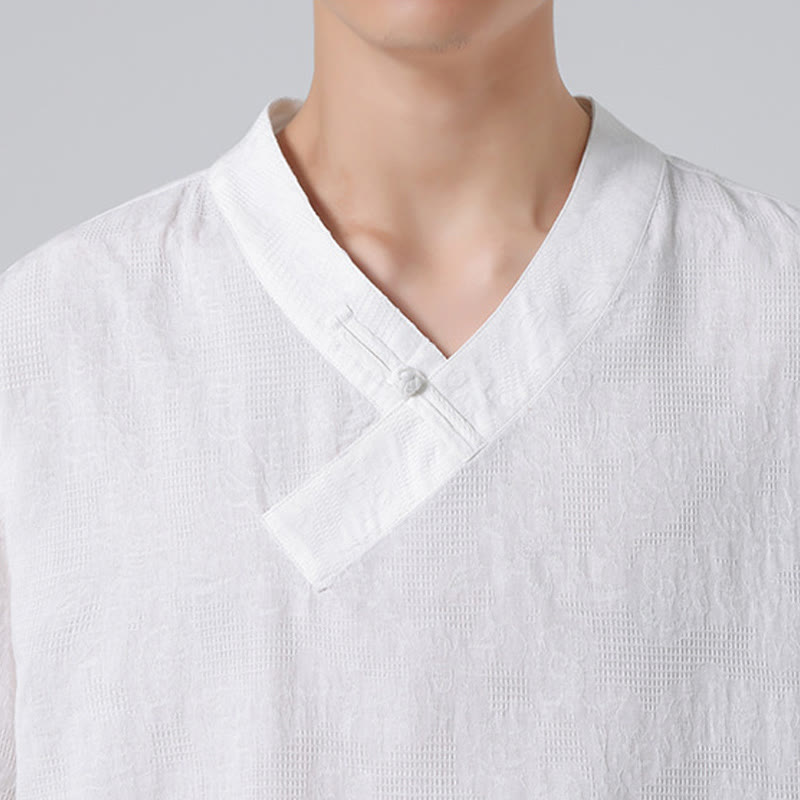 Buddha Stones Ethnic Distressed Jacquard Frog-Button Herren Stehkragen Halbarm Baumwoll-Leinen-Hemd Tai Chi Kleidung