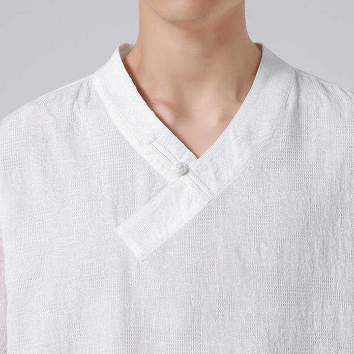 Buddha Stones Ethnic Distressed Jacquard Frog-Button Herren Stehkragen Halbarm Baumwoll-Leinen-Hemd Tai Chi Kleidung