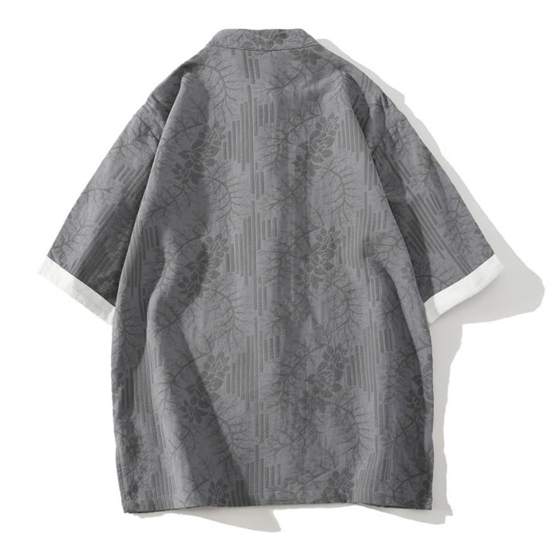 Buddha Stones Lässiges Sommer-Jacquard-Blumenmuster mit Froschknopf, Stehkragen, Kontrastfarbe, Halbarm-Baumwoll-Cardigan-Shirt für Herren