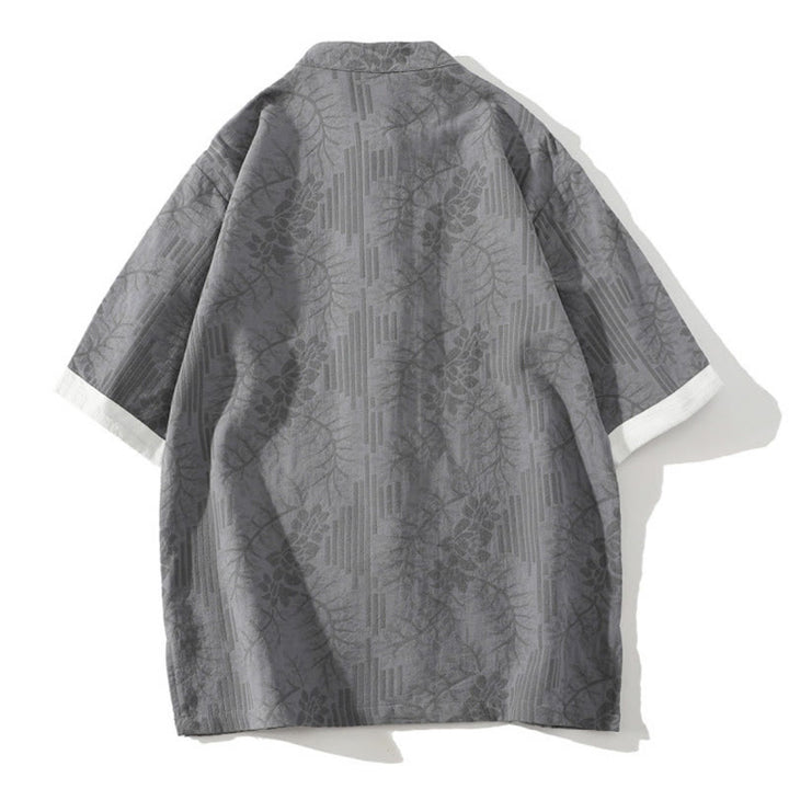 Buddha Stones Lässiges Sommer-Jacquard-Blumenmuster mit Froschknopf, Stehkragen, Kontrastfarbe, Halbarm-Baumwoll-Cardigan-Shirt für Herren