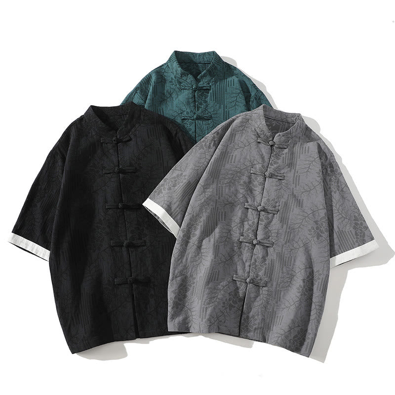 Buddha Stones Lässiges Sommer-Jacquard-Blumenmuster mit Froschknopf, Stehkragen, Kontrastfarbe, Halbarm-Baumwoll-Cardigan-Shirt für Herren