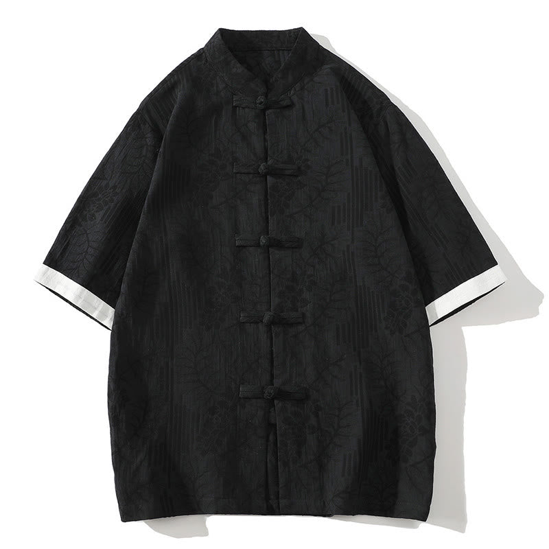 Buddha Stones Lässiges Sommer-Jacquard-Blumenmuster mit Froschknopf, Stehkragen, Kontrastfarbe, Halbarm-Baumwoll-Cardigan-Shirt für Herren