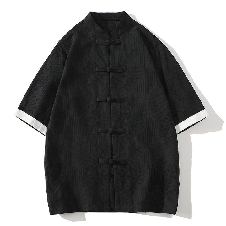 Buddha Stones Lässiges Sommer-Jacquard-Blumenmuster mit Froschknopf, Stehkragen, Kontrastfarbe, Halbarm-Baumwoll-Cardigan-Shirt für Herren