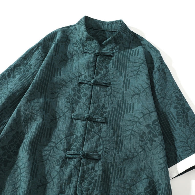 Buddha Stones Lässiges Sommer-Jacquard-Blumenmuster mit Froschknopf, Stehkragen, Kontrastfarbe, Halbarm-Baumwoll-Cardigan-Shirt für Herren