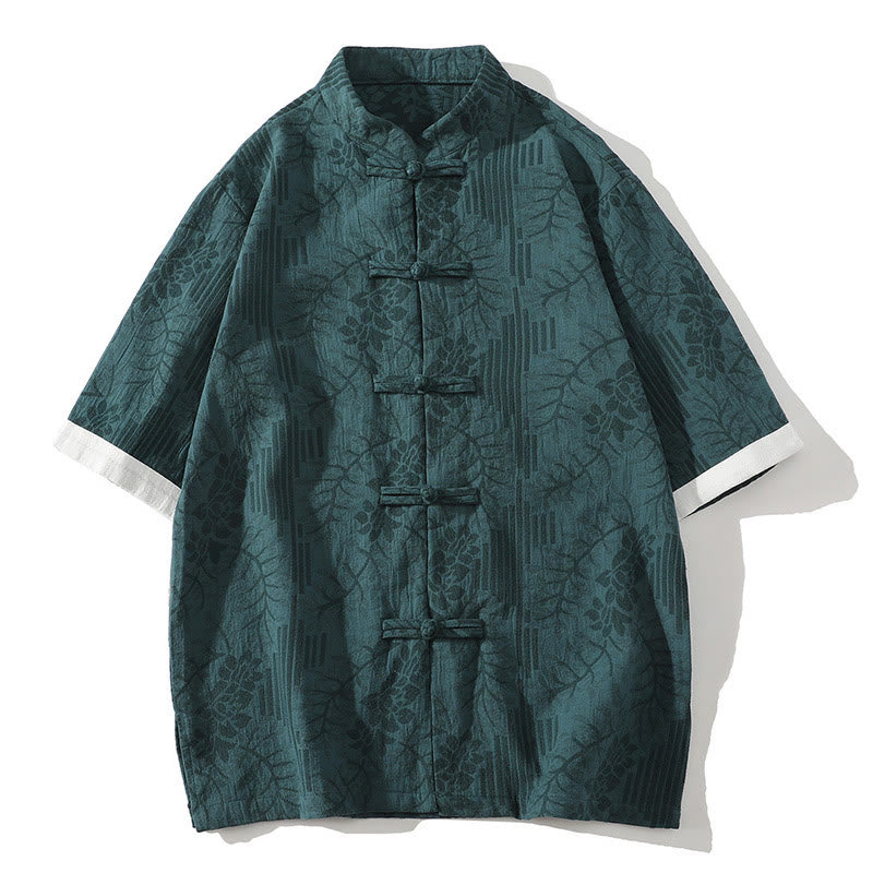 Buddha Stones Lässiges Sommerhemd aus Baumwolle mit Jacquard-Blumenmuster, Froschknopfleiste, Stehkragen und kontrastfarbenen Halbarmärmeln - Türkis - US/ UK/AU46, EU56 (5XL) - image 0