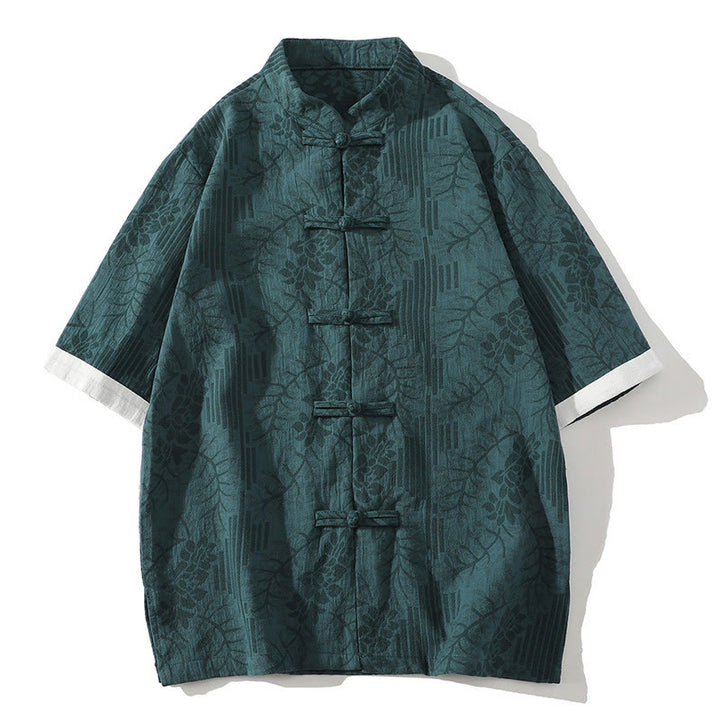 Buddha Stones Lässiges Sommerhemd aus Baumwolle mit Jacquard-Blumenmuster, Froschknopfleiste, Stehkragen und kontrastfarbenen Halbarmärmeln - Türkis - US/ UK/AU46, EU56 (5XL) - image 0