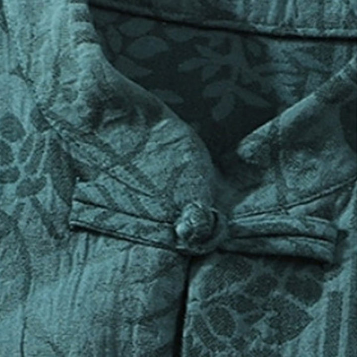 Buddha Stones Lässiges Sommer-Jacquard-Blumenmuster mit Froschknopf, Stehkragen, Kontrastfarbe, Halbarm-Baumwoll-Cardigan-Shirt für Herren