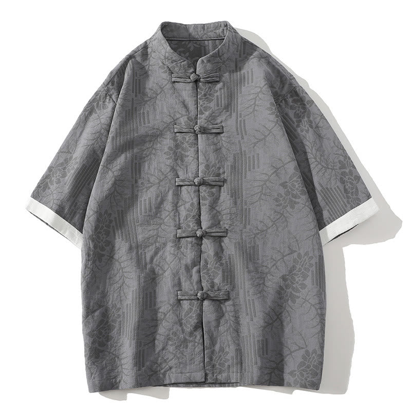 Buddha Stones Lässiges Sommer-Jacquard-Blumenmuster mit Froschknopf, Stehkragen, Kontrastfarbe, Halbarm-Baumwoll-Cardigan-Shirt für Herren