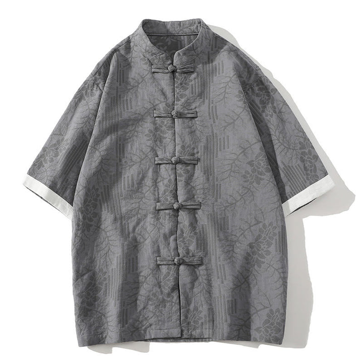 Buddha Stones Lässiges Sommer-Jacquard-Blumenmuster mit Froschknopf, Stehkragen, Kontrastfarbe, Halbarm-Baumwoll-Cardigan-Shirt für Herren