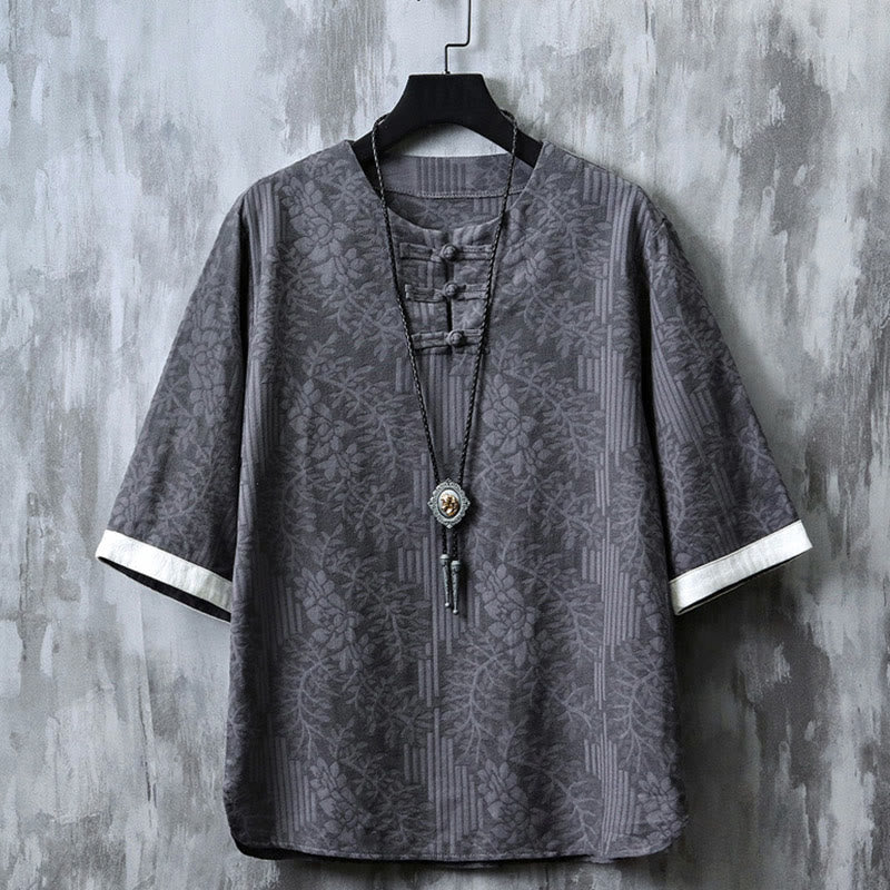 Buddha Stones Lässiges Retro-Jacquard-Baumwollhemd mit chinesischem Froschknopf-Design, Rundhalsausschnitt und halblangen Ärmeln - DimGray - US/ UK/AU46, EU56 (5XL) - image 0