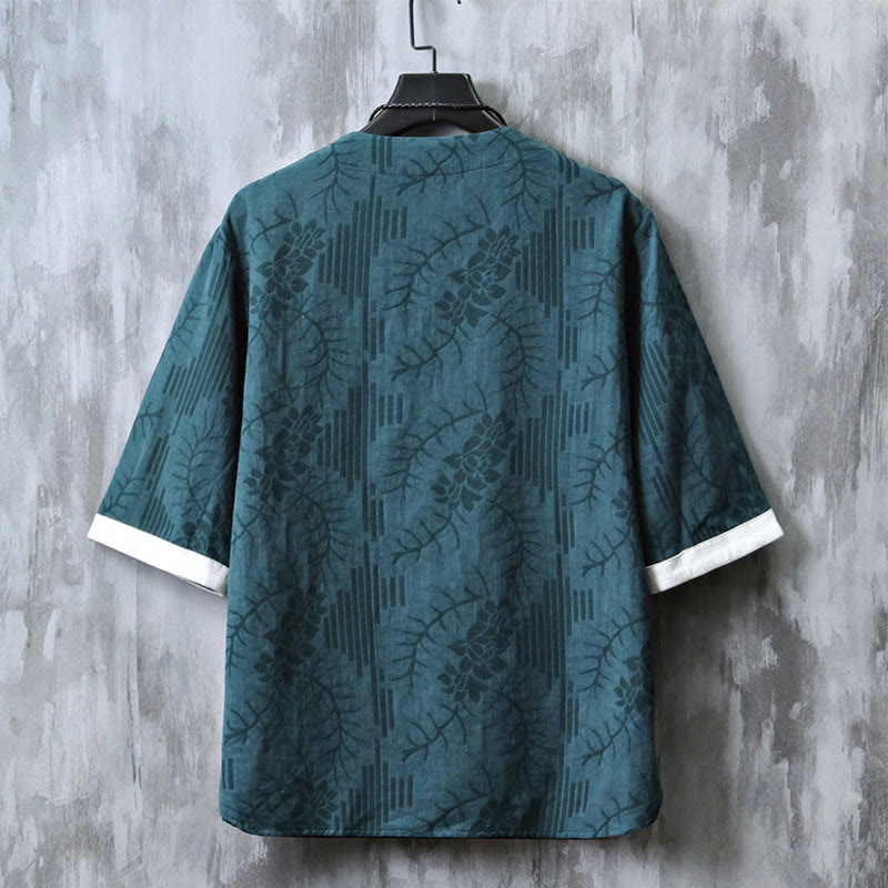 Buddha Stones Lässiges Retro-Jacquard-Baumwollhemd mit chinesischem Froschknopf-Design, Rundhalsausschnitt und halblangen Ärmeln