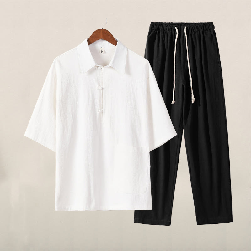 Buddha Stones Casual 2-teiliges Set aus einfarbigem Hemd mit halber Knopfleiste, Kordelzughose und Taschen aus Baumwolle für Herren zur Meditation - Weißes Oberteil, schwarze Hose - US/ UK/AU46, EU56 (5XL) - image 0