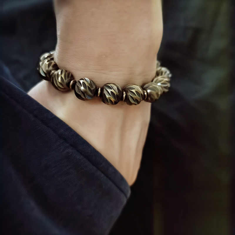 Buddha Stones Vintage Distressed Messer Schnitzmuster Kupfer Messing Perlen Reichtum Armband