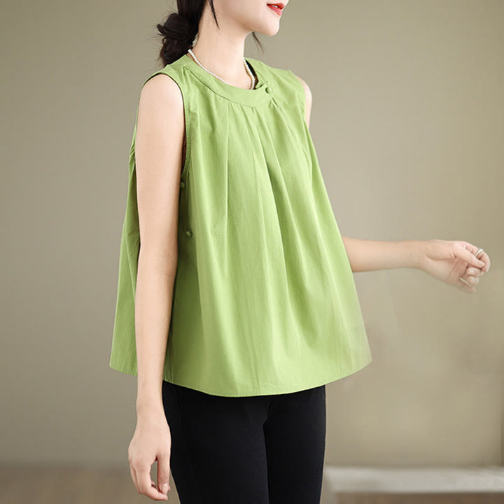 Buddha Stones Sommer-Weste mit einfarbigem Plissee-Design, Neckholder, ärmellos, Baumwolle und Leinen - image 19