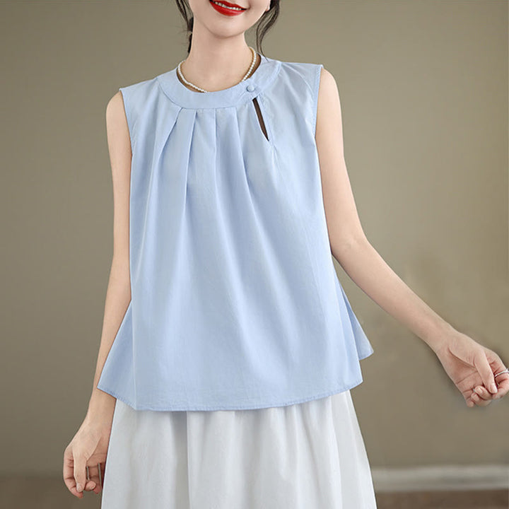 Buddha Stones Sommer-Weste mit einfarbigem Plissee-Design, Neckholder, ärmellos, Baumwolle und Leinen - Hellblau - US 8-10, UK/AU 12-14, EU 40-42 (2XL) - image 0