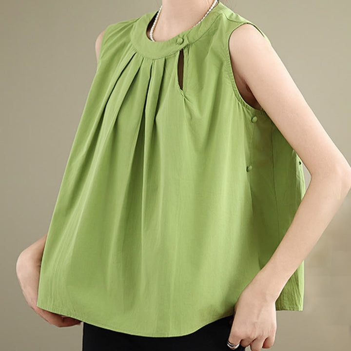 Buddha Stones Sommer-Weste mit einfarbigem Plissee-Design, Neckholder, ärmellos, Baumwolle und Leinen - image 23