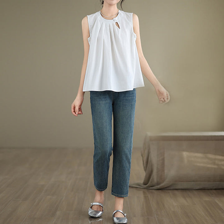 Buddha Stones Sommer-Weste mit einfarbigem Plissee-Design, Neckholder, ärmellos, Baumwolle und Leinen - image 16