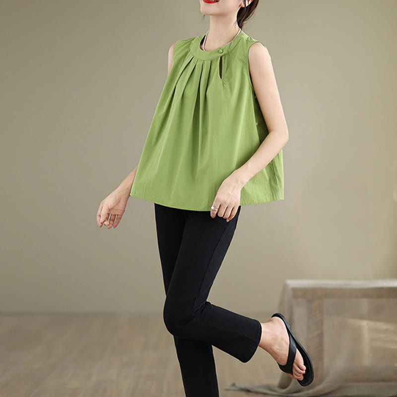 Buddha Stones Sommer-Weste mit einfarbigem Plissee-Design, Neckholder, ärmellos, Baumwolle und Leinen - image 22