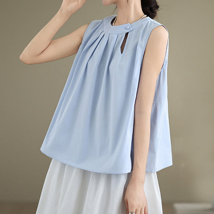 Buddha Stones Sommer-Weste mit einfarbigem Plissee-Design, Neckholder, ärmellos, Baumwolle und Leinen - image 2