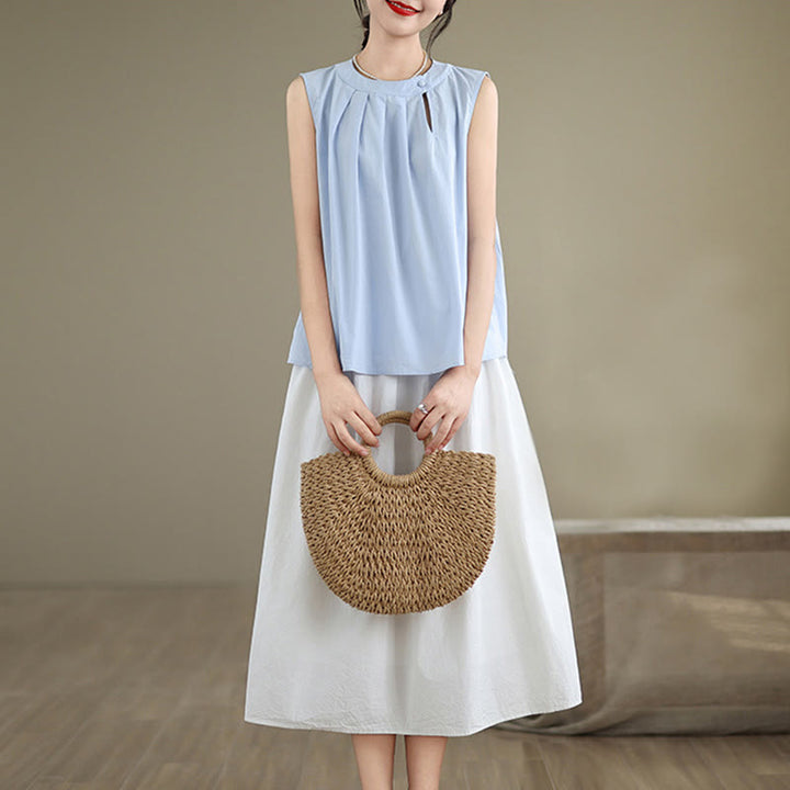 Buddha Stones Sommer-Weste mit einfarbigem Plissee-Design, Neckholder, ärmellos, Baumwolle und Leinen - image 4