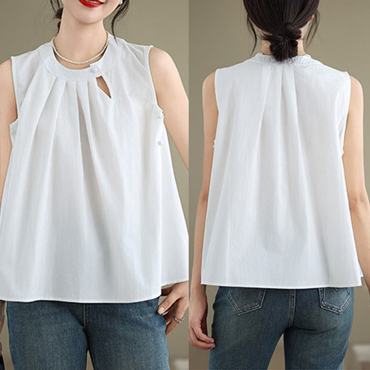 Buddha Stones Sommer-Weste mit einfarbigem Plissee-Design, Neckholder, ärmellos, Baumwolle und Leinen - image 17