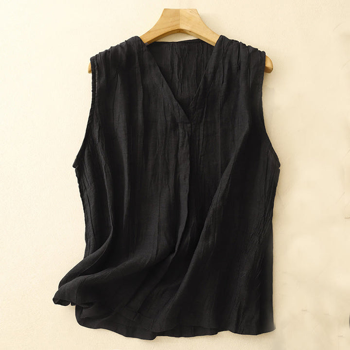 Buddha Stones Lässiger Sommer-Westen-Cardigan aus reiner Farbe mit plissiertem Design für Damen aus Baumwolle und Leinen mit V-Ausschnitt - Schwarz - US8-10, UK/AU12-14, EU40-42 (2XL) - image 9