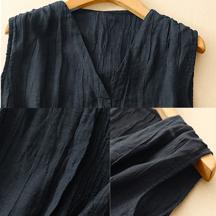 Buddha Stones Lässiger Sommer-Westen-Cardigan aus reiner Farbe mit plissiertem Design für Damen aus Baumwolle und Leinen mit V-Ausschnitt - image 8