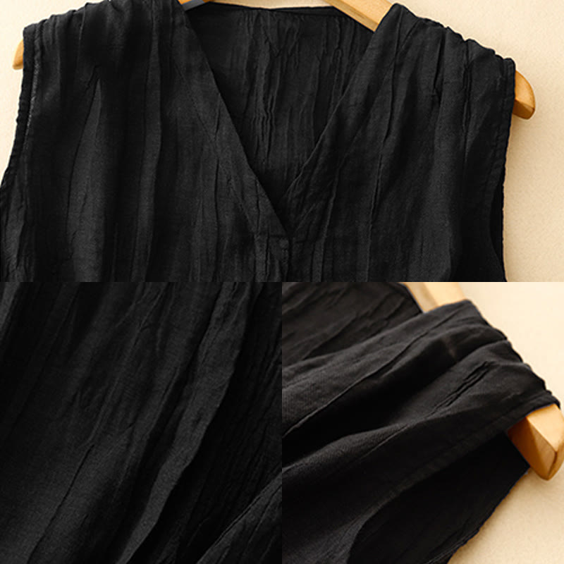 Buddha Stones Lässiger Sommer-Westen-Cardigan aus reiner Farbe mit plissiertem Design für Damen aus Baumwolle und Leinen mit V-Ausschnitt - image 12