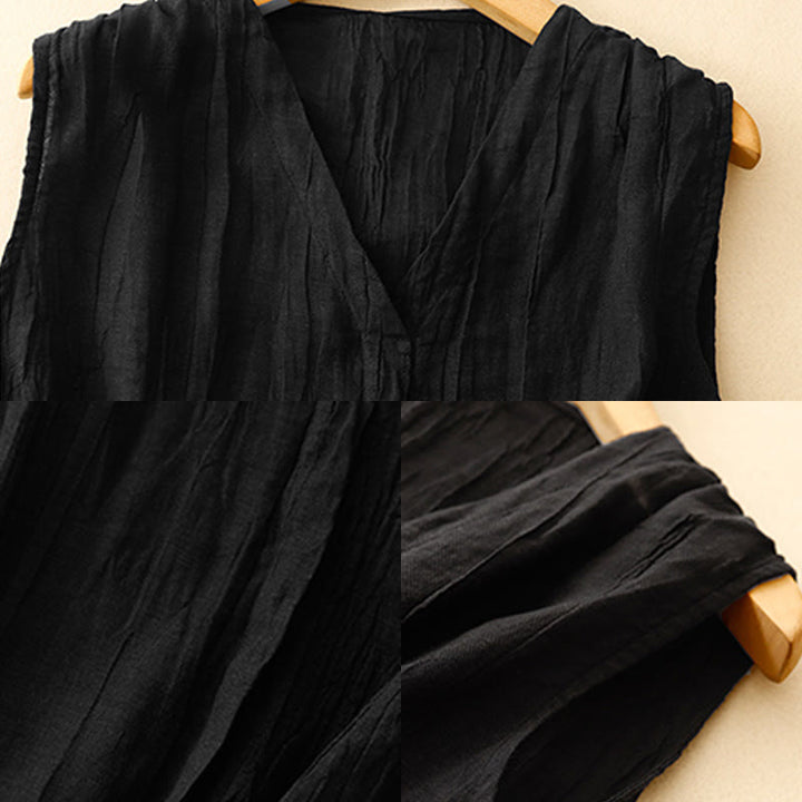 Buddha Stones Lässiger Sommer-Westen-Cardigan aus reiner Farbe mit plissiertem Design für Damen aus Baumwolle und Leinen mit V-Ausschnitt - image 12