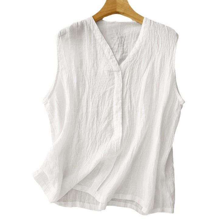 Buddha Stones Lässiger Sommer-Westen-Cardigan aus reiner Farbe mit plissiertem Design für Damen aus Baumwolle und Leinen mit V-Ausschnitt - image 17