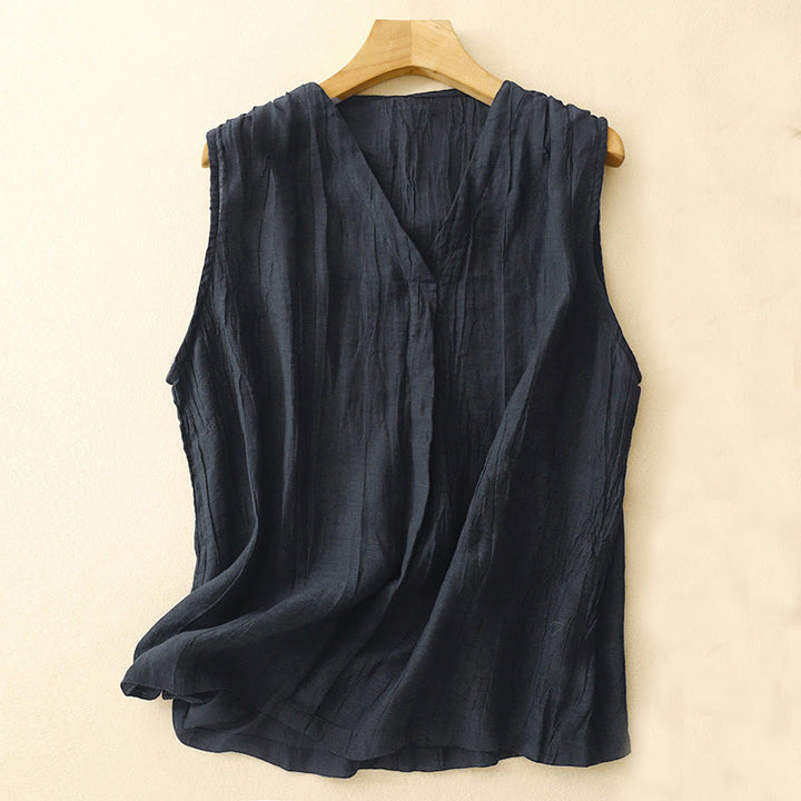 Buddha Stones Lässiger Sommer-Westen-Cardigan aus reiner Farbe mit plissiertem Design für Damen aus Baumwolle und Leinen mit V-Ausschnitt - Marine - US8-10, UK/AU12-14, EU40-42 (2XL) - image 5