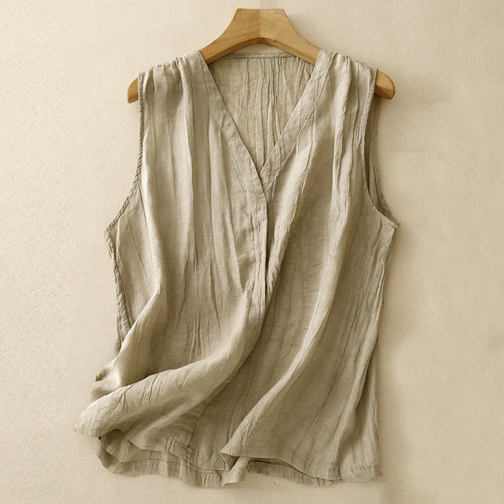 Buddha Stones Lässiger Sommer-Westen-Cardigan aus reiner Farbe mit plissiertem Design für Damen aus Baumwolle und Leinen mit V-Ausschnitt - Khaki - US8-10, UK/AU12-14, EU40-42 (2XL) - image 0